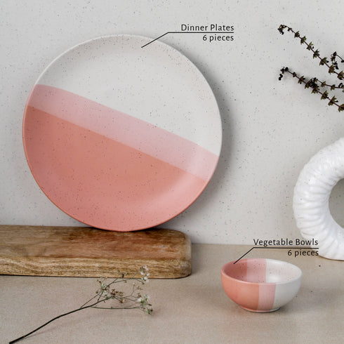 TT Pink Matte Ceramic Dinner Set 12 Piece for Family of 6 Plates and Bowls