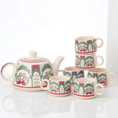 Peagal Ceramic Tea Set With 6 Cups and Kettle