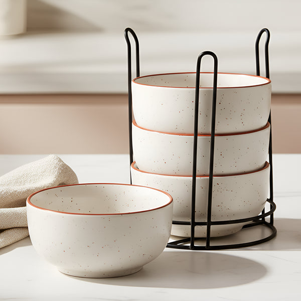 White Marble Ceramic Snack Bowl Set of 4 with Metal Stand