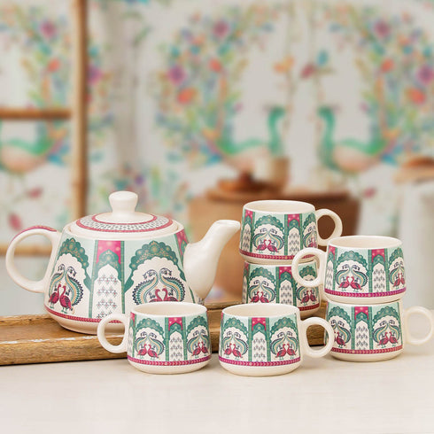Peagal Ceramic Tea Set With 6 Cups and Kettle