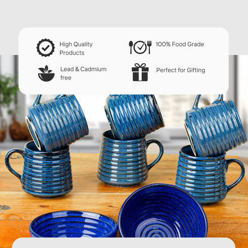 Sage Blue Ceramic Bowls and Tea Cup Combo | Microwave and Dishwasher Safe