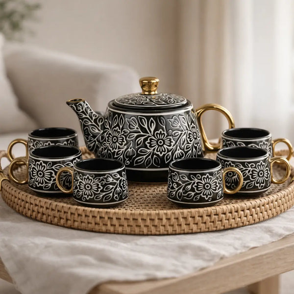 Black Artvine Ceramic Tea Set with Kettle & 6 Cups