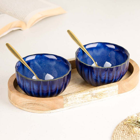 Blue Ribbed Ceramic Bowl Serving Set 2 Bowls, 1 Tray, and 2 Spoon