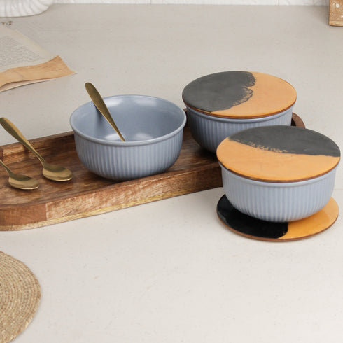 Grey Fringe Ceramic Bowl Serving Set 3 Bowls, 1 Tray, 3 Spoon and 3 Coaster