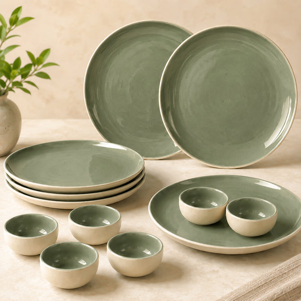 Organic Green Ceramic Dinnerware Set - 12 Pieces