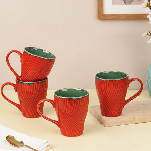 Red Fusion Wave Ceramic Mugs Set of 4