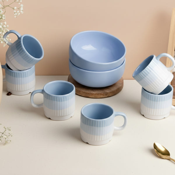 Solid Sky Blue Ceramic 2 Snack Bowl & 6 Tea Cup Combo