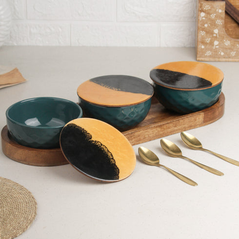 Teal Diamond Ceramic Bowl Serving Set 3 Bowls, 1 Tray, 3 Spoon and 3 Coaster