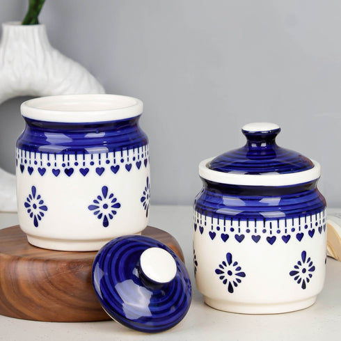 Blue Drape Ceramic Pickle Jars Set of 2 (600 ML) with Lids