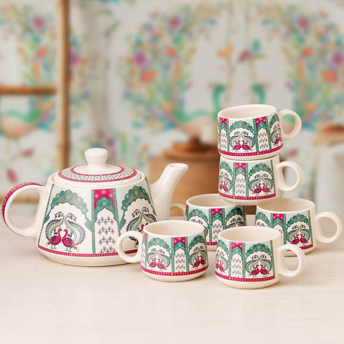 Peagal Ceramic Tea Set With 6 Cups and Kettle