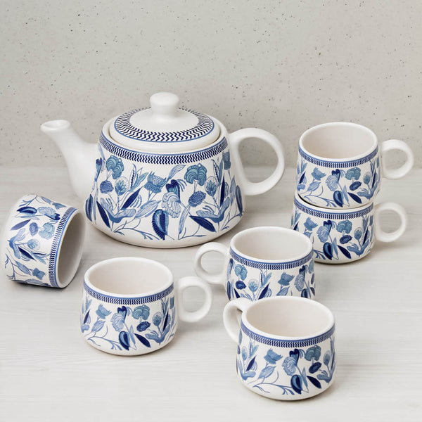 Blue Petals Ceramic Tea Kettle Cup Set of 6