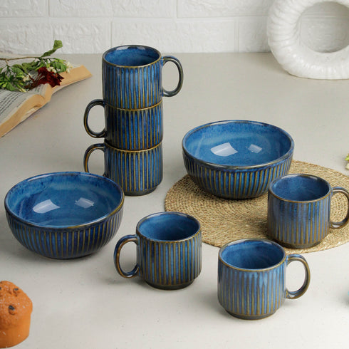 Glam Bue Ceramic 2 Snack Bowl & 6 Tea Cup Combo