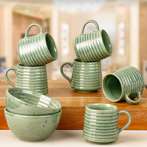 Sage Green Ceramic Bowls and Tea Cup Combo | Microwave and Dishwasher Safe