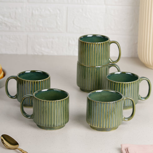 The Earth Store Glam Green Fringe Stackable Ceramic Tea Cup Set of 6, 160 ML Microwave and Dishwasher Safe