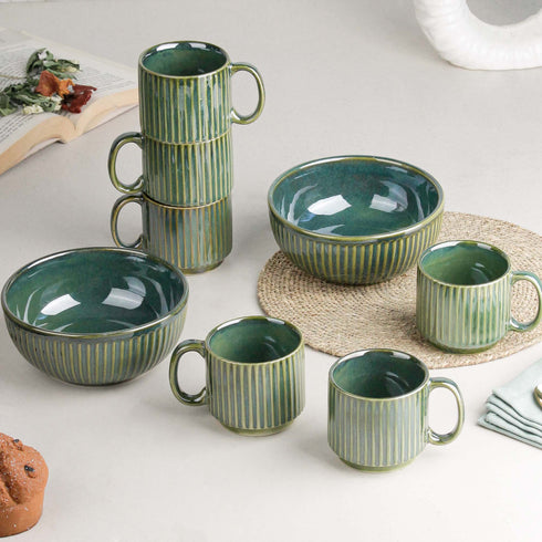 Glam Green Ceramic 2 Snack Bowl & 6 Tea Cup Combo