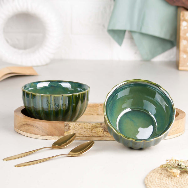 Green Ribbed Ceramic Bowl Serving Set 2 Bowls, 1 Tray, and 2 Spoon