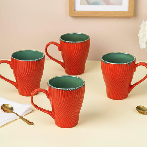 Red Fusion Wave Ceramic Mugs Set of 4