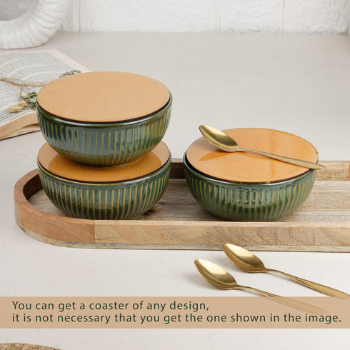 Glam Green Ceramic Bowl Serving Set 3 Bowls, 1 Tray, 3 Spoon and 3 Coaster