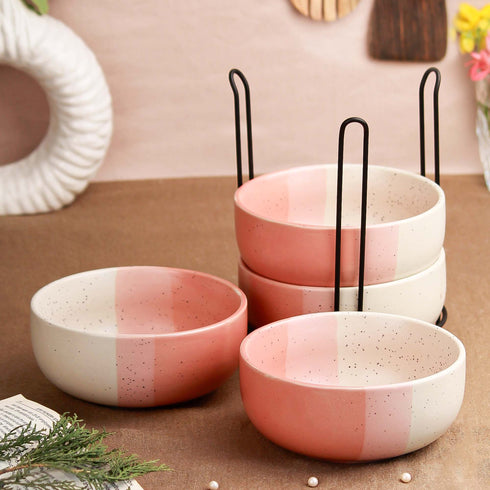 Tritone Pink Ceramic Bowl Set of 4 with Metal Stand – 500ML