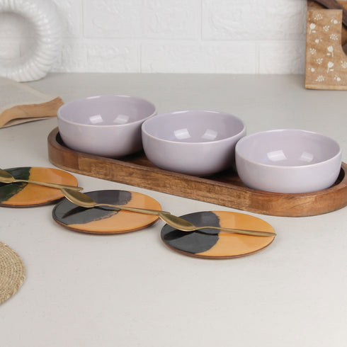 Solid Lavender Ceramic Bowls Serving Set – 3 Bowls, 3 Coaster, 3 Spoon and 1 Tray