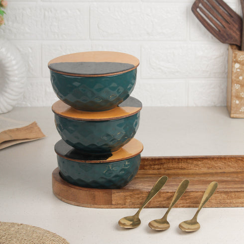 Teal Diamond Ceramic Bowl Serving Set 3 Bowls, 1 Tray, 3 Spoon and 3 Coaster