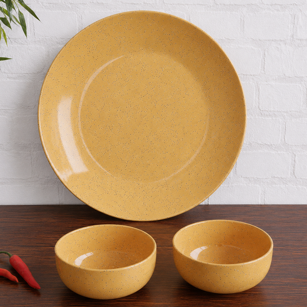 Glossy Mustard Ceramic Dinner Plate with 2 Serving Bowl