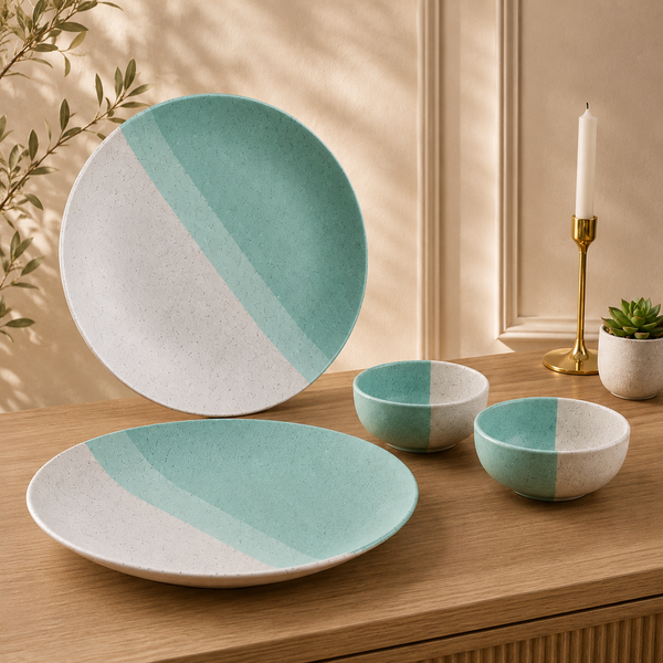 Tritone Green Matte 2 Ceramic Dinner Plate with 2 Serving Bowl