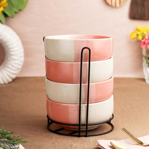 Tritone Pink Ceramic Bowl Set of 4 with Metal Stand – 500ML