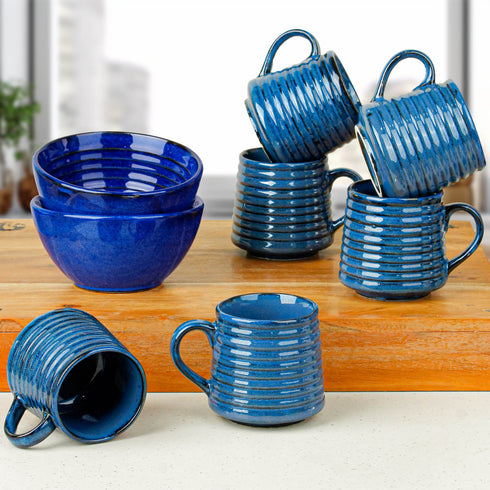 Sage Blue Ceramic Bowls and Tea Cup Combo | Microwave and Dishwasher Safe