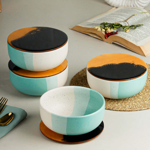 Green Matte Ceramic Bowl Set of 4 – 500ML with Lid