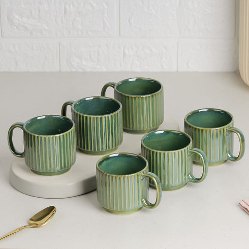 The Earth Store Glam Green Fringe Stackable Ceramic Tea Cup Set of 6, 160 ML Microwave and Dishwasher Safe