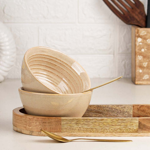 Sage Creamy Ceramic Bowl Serving Set 2 Bowls, 1 Tray, and 2 Spoon