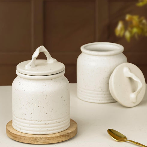 White Matte 700 ML Ceramic Pickle Jars with Air Tight Lid Set of 2