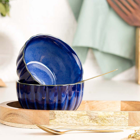 Blue Ribbed Ceramic Bowl Serving Set 2 Bowls, 1 Tray, and 2 Spoon