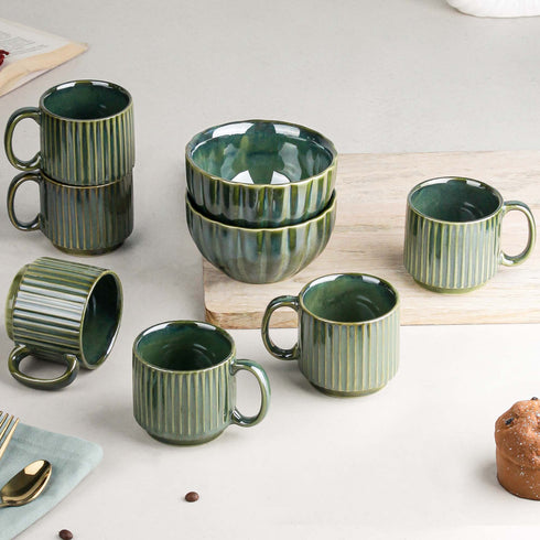 Green Ribbed Ceramic 2 Snack Bowl & 6 Tea Cup Combo