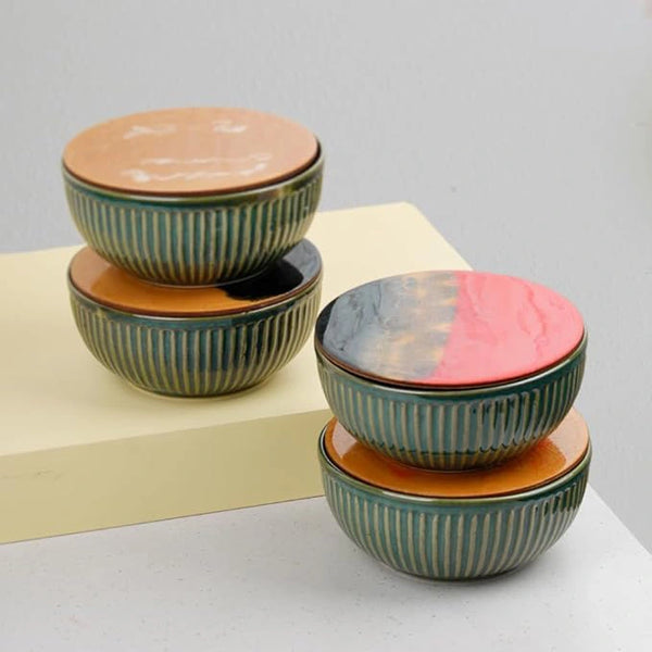 Glam Green Ceramic Bowl Set of 4 with Multipurpose Lids