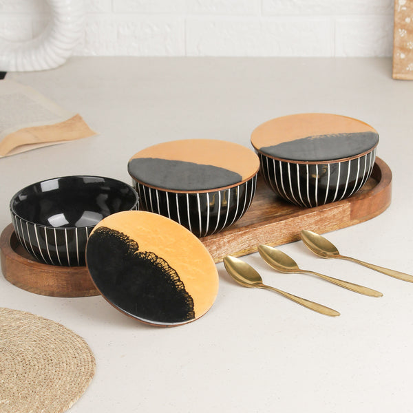Black Stripe Ceramic Bowls Serving Set – 3 Bowls, 3 Coaster, 3 Spoon and 1 Tray
