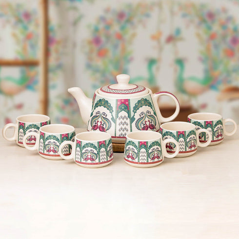 Peagal Ceramic Tea Set With 6 Cups and Kettle