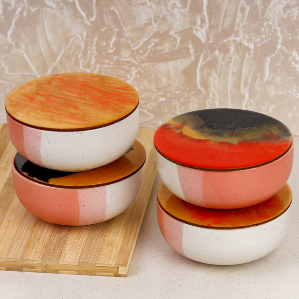 Tritone Pink Matte Ceramic Bowl Set of 4 – 500ML with Lid