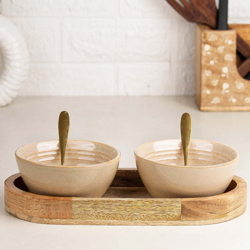 Sage Creamy Ceramic Bowl Serving Set 2 Bowls, 1 Tray, and 2 Spoon