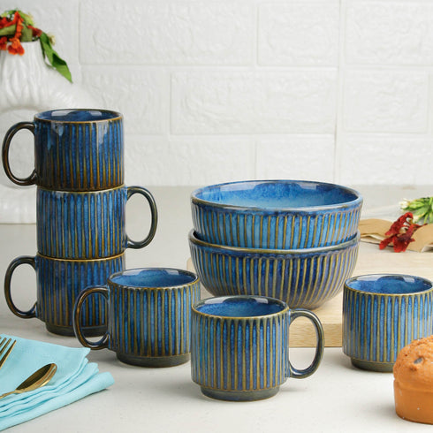 Glam Bue Ceramic 2 Snack Bowl & 6 Tea Cup Combo