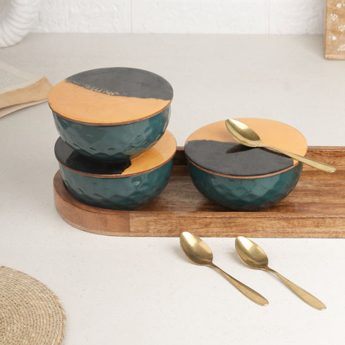 Teal Diamond Ceramic Bowl Serving Set 3 Bowls, 1 Tray, 3 Spoon and 3 Coaster