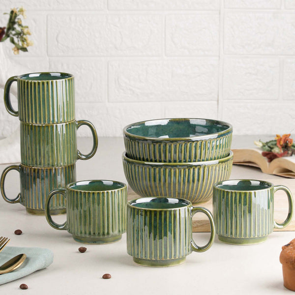 Glam Green Ceramic 2 Snack Bowl & 6 Tea Cup Combo