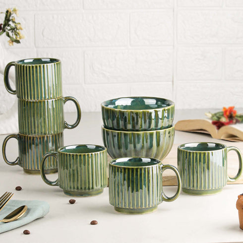 Green Ribbed Ceramic 2 Snack Bowl & 6 Tea Cup Combo