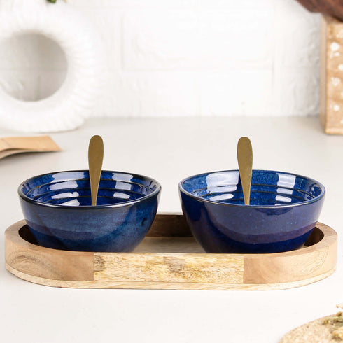 Sage Blue Ceramic Bowl Serving Set 2 Bowls, 1 Tray, and 2 Spoon