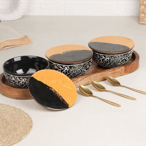 Black Artvine Ceramic Bowl Serving Set – 3 Bowls, 3 Coaster, 3 Spoon and 1 Tray