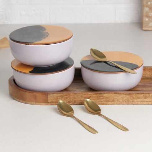 Solid Lavender Ceramic Bowls Serving Set – 3 Bowls, 3 Coaster, 3 Spoon and 1 Tray
