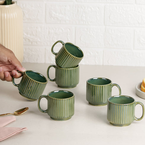 The Earth Store Glam Green Fringe Stackable Ceramic Tea Cup Set of 6, 160 ML Microwave and Dishwasher Safe
