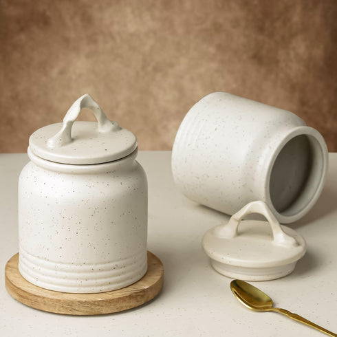 White Matte 700 ML Ceramic Pickle Jars with Air Tight Lid Set of 2