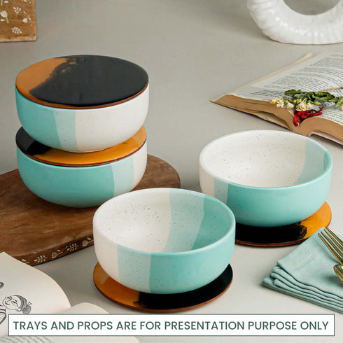 Green Matte Ceramic Bowl Set of 4 – 500ML with Lid